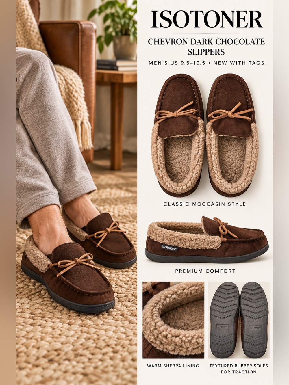 isotoner Chevron Dark Chocolate Slippers US 9.5-10.5 NWT
